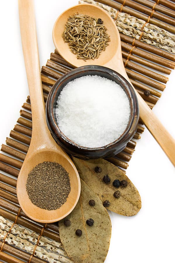 Salt, Pepper, Cumin and Bay Leaf Stock Image Image of pile, container