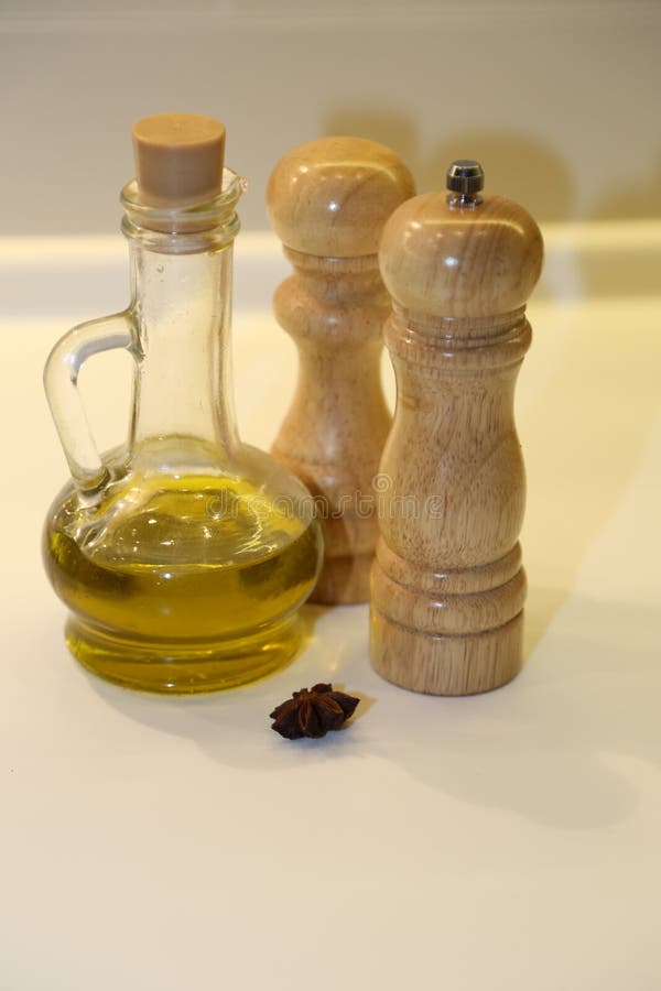 Salt pepper and olive oil stock image. Image of olive 84659389