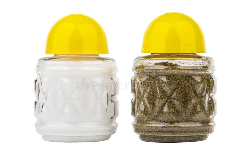 Salt and Pepper Shakers with Yellow Cap Isolated on White Stock Photo