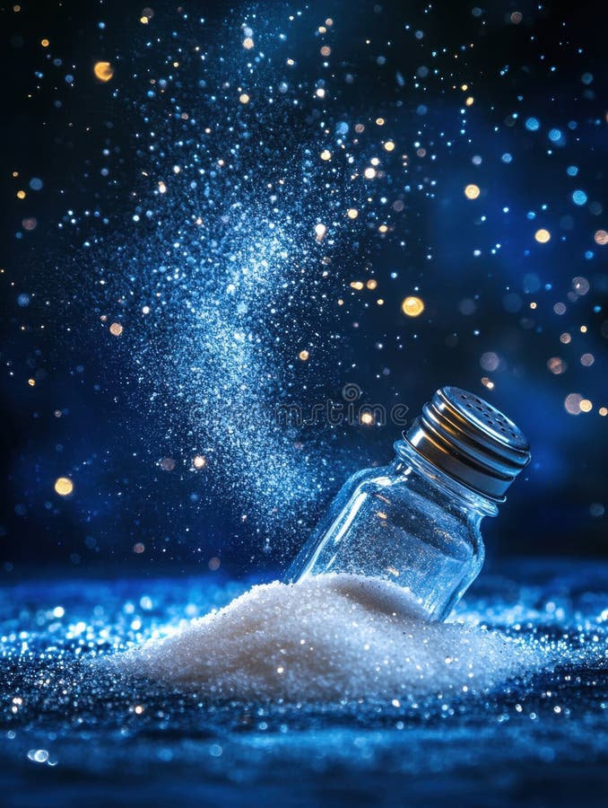 Salt shaker and salt on a dark background with lights vector illustration
