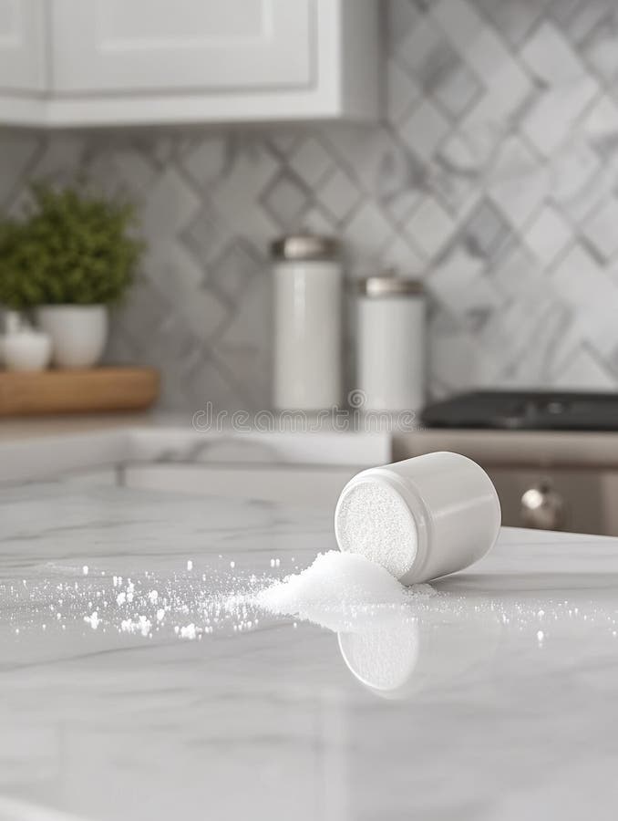 Salt shaker spilled on a white marble countertop vector illustration