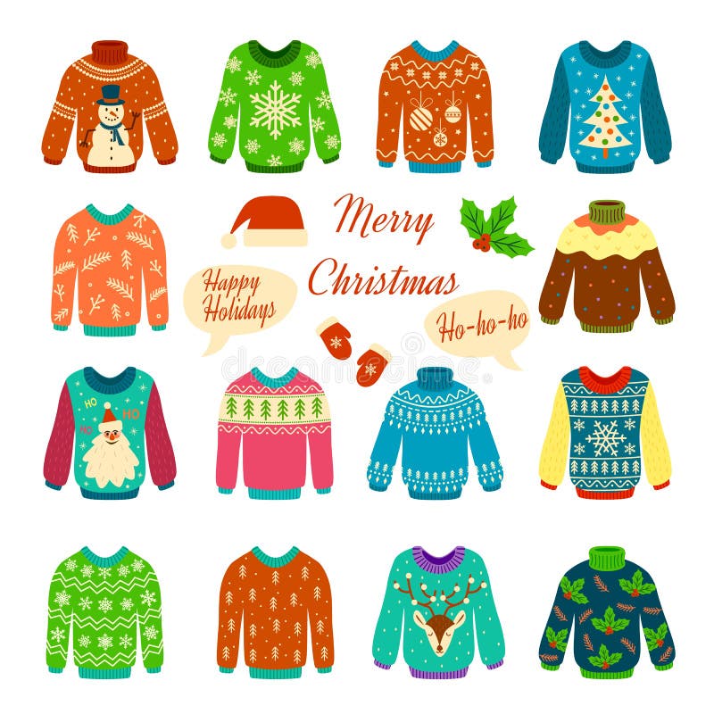 Christmas jumper. Xmas cozy funny sweater with ugly print for winter traditional party cartoon isolated vector clothes set. Christmas jumper. Xmas cozy funny sweater with ugly print for winter traditional party cartoon isolated vector clothes set