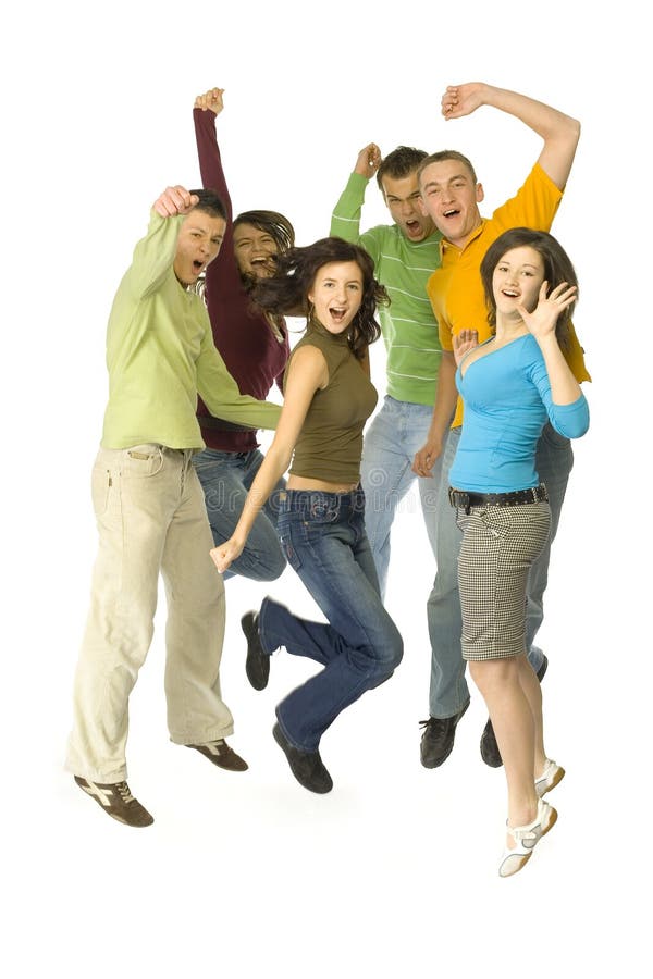 Group of 6 happy teenagers. They're jumping with hands up and shouting. White background. Whole bodies visible. Group of 6 happy teenagers. They're jumping with hands up and shouting. White background. Whole bodies visible.