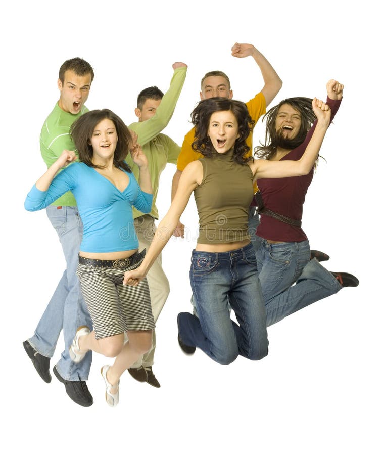 Group of 6 happy teenagers. They're jumping with hands up and shouting. White background. Whole bodies visible. Group of 6 happy teenagers. They're jumping with hands up and shouting. White background. Whole bodies visible.