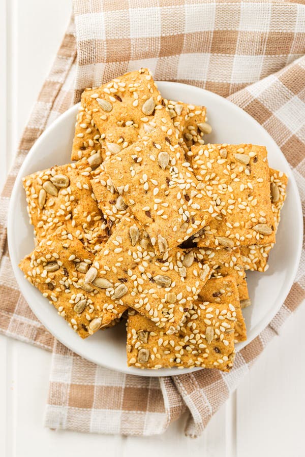 Salted Crispy Crackers with Sesame and Sunflower Seeds Stock Photo