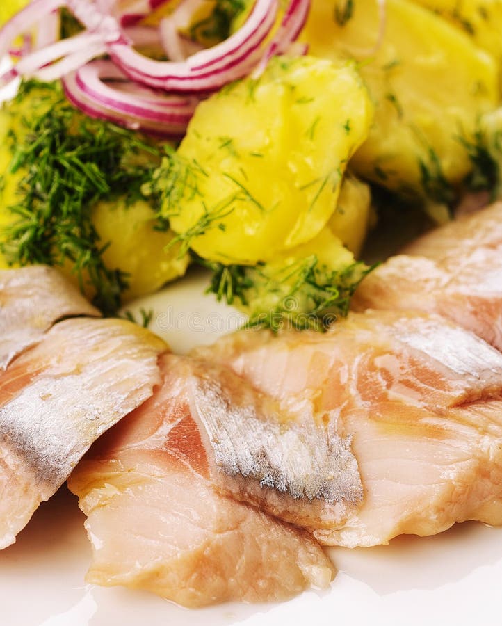 Salted Fish with Boiled Potato and Pickled Onions Stock Image Image