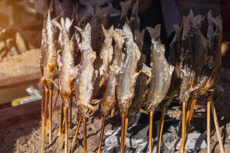 Salted Grilled Fish on the Grill in Market Stock Photo Image of grill