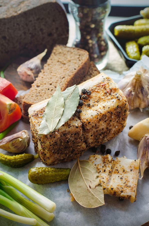Salted Lard with Spices and Vegetables. Stock Image Image of cucumber