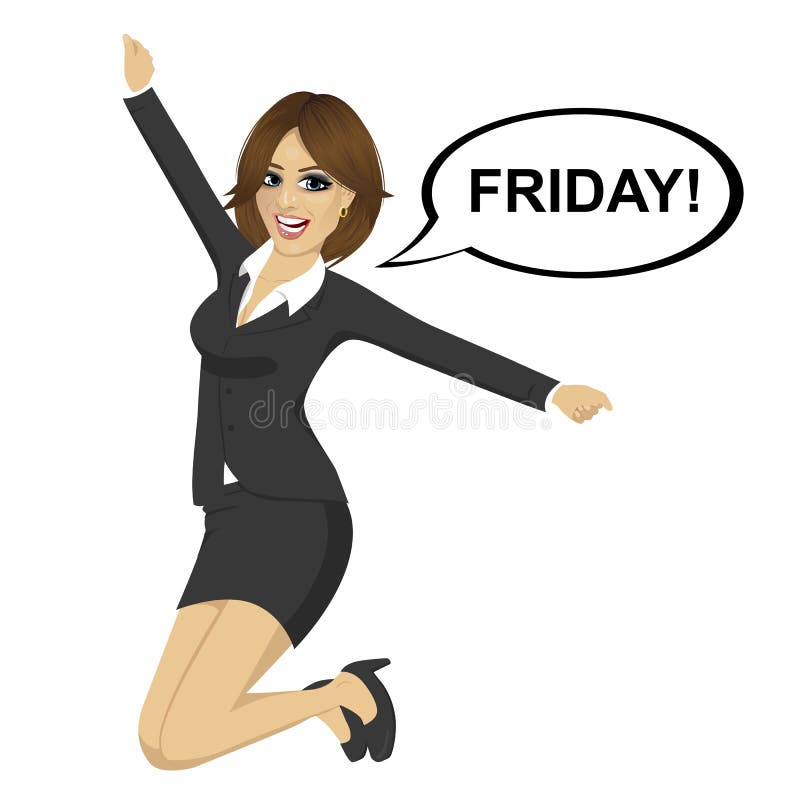 Salto joven de la empresaria feliz con el texto de viernes en burbuja del discurso libre illustration Salto joven de la empresaria feliz con el texto de viernes en burbuja del discurso libre illustration