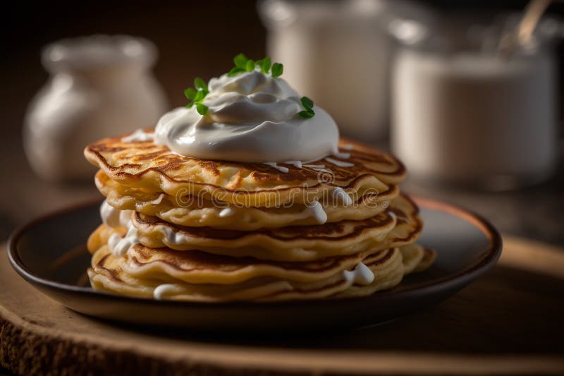 Salty Potato Pancakes with Sour Cream, Hash Browns Generative AI Stock