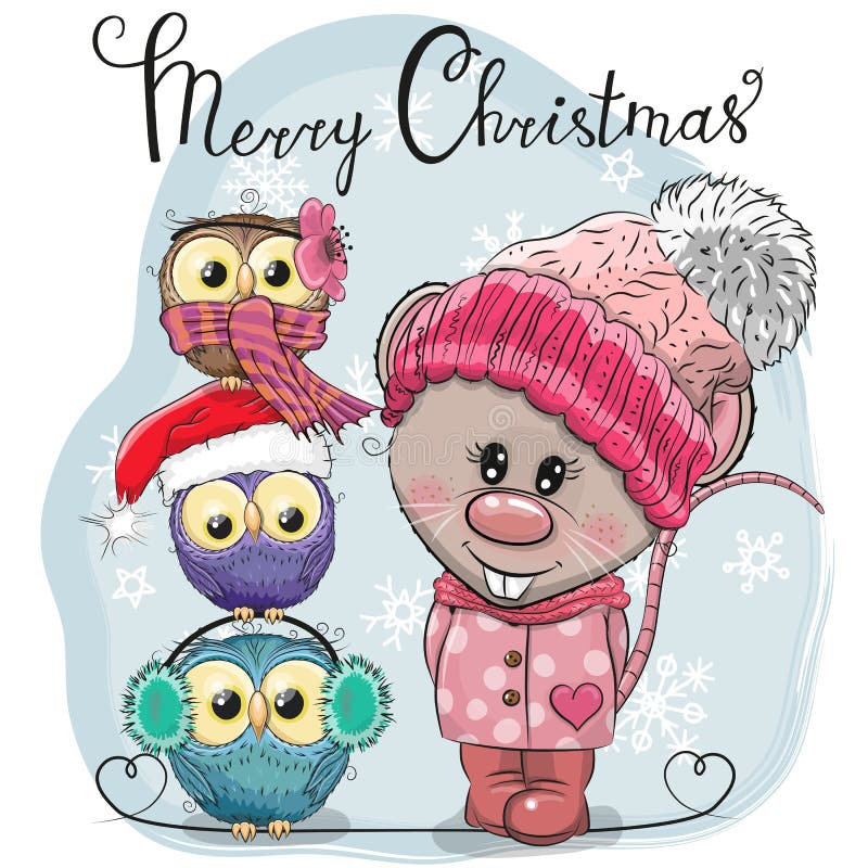 Saludo de la rata linda de la tarjeta de Navidad y de tres búhos ilustración del vector Saludo de la rata linda de la tarjeta de Navidad y de tres búhos ilustración del vector