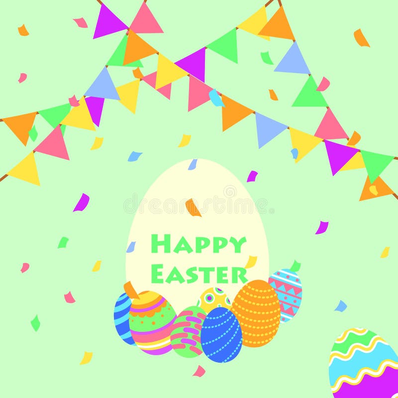 Saludo feliz divertido y colorido de Pascua, tarjeta del partido con el ejemplo de huevos, bandera, bandera, partido del confeti libre illustration Saludo feliz divertido y colorido de Pascua, tarjeta del partido con el ejemplo de huevos, bandera, bandera, partido del confeti libre illustration