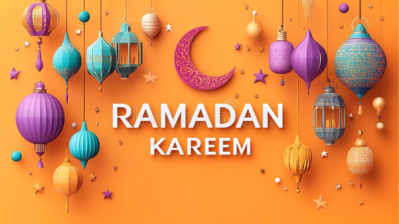 Salutare strălucitoare și colorată de Ramadan Kareem cu felinare suspendate Crescent Moon și stele pe fundal portocaliu stock illustration