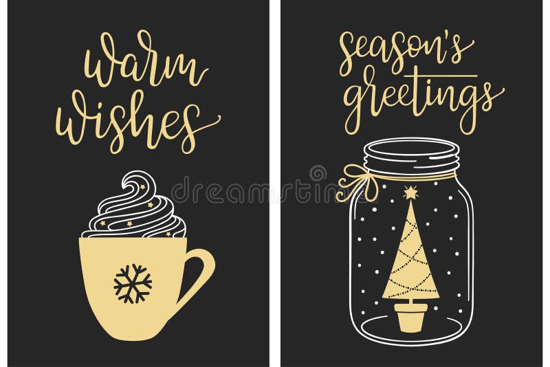 Christmas cards with modern calligraphy writing. Warm wishes and Seasons greetings lettering with cream coffee cup and Christmas tree in jar. Christmas cards with modern calligraphy writing. Warm wishes and Seasons greetings lettering with cream coffee cup and Christmas tree in jar