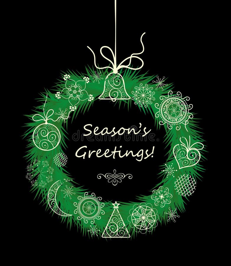 Salutations de saison avec Noël accrochant la guirlande décorative illustration libre de droits Salutations de saison avec Noël accrochant la guirlande décorative illustration libre de droits