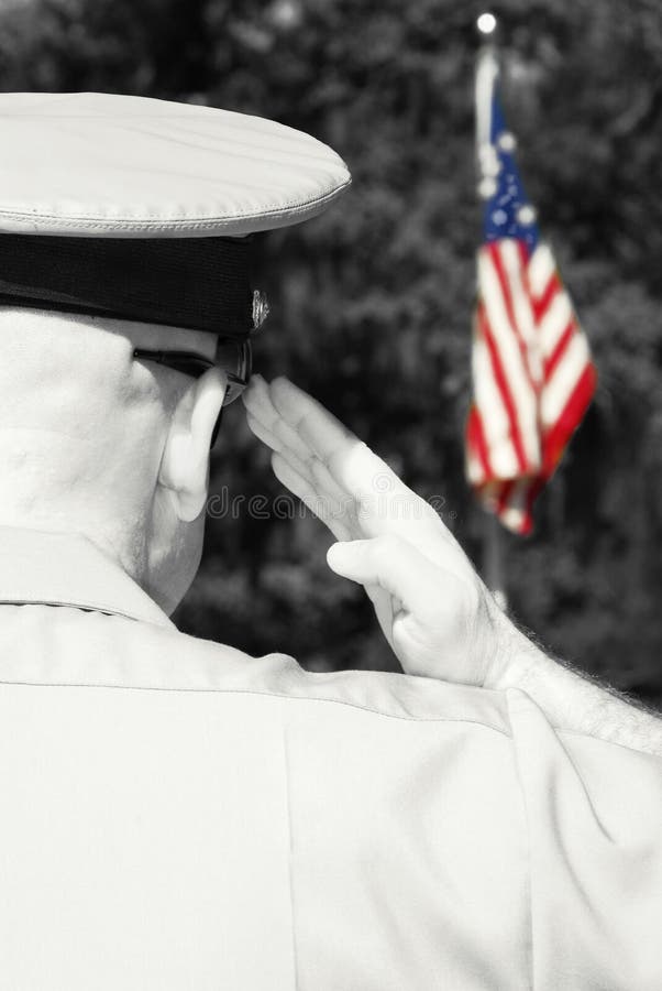 Military officer rendering honors by saluting American flag. Military officer rendering honors by saluting American flag