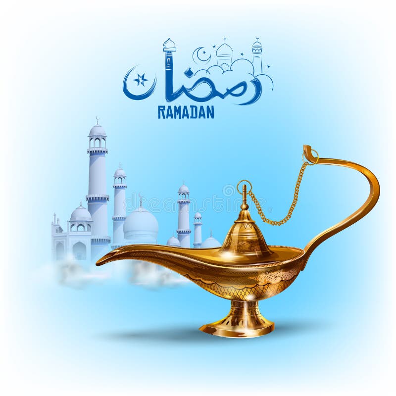 Saluti di Ramadan Kareem Generous Ramadan in a mano libera arabo con la lampada di Aladdin antica per il festival religioso Eid d