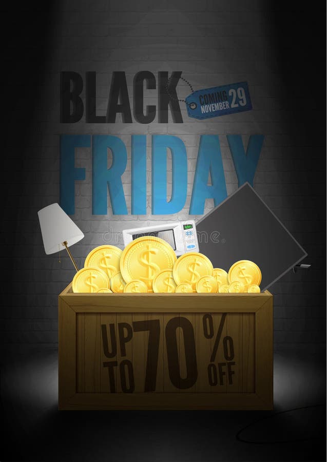 Save 70 percent Black Friday poster template. Domestic appliances sale advert. Wooden crate with TV set, microwave oven, golden coins in spotlight. Stylish seasonal electronics clearance banner design. Save 70 percent Black Friday poster template. Domestic appliances sale advert. Wooden crate with TV set, microwave oven, golden coins in spotlight. Stylish seasonal electronics clearance banner design