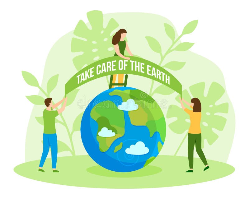 Take care of the earth banner. People Man and woman protect nature and ecology caring the globe. Happy earth day. Save The Green Planet modern design poster. Creative vector illustration in flat style. Take care of the earth banner. People Man and woman protect nature and ecology caring the globe. Happy earth day. Save The Green Planet modern design poster. Creative vector illustration in flat style
