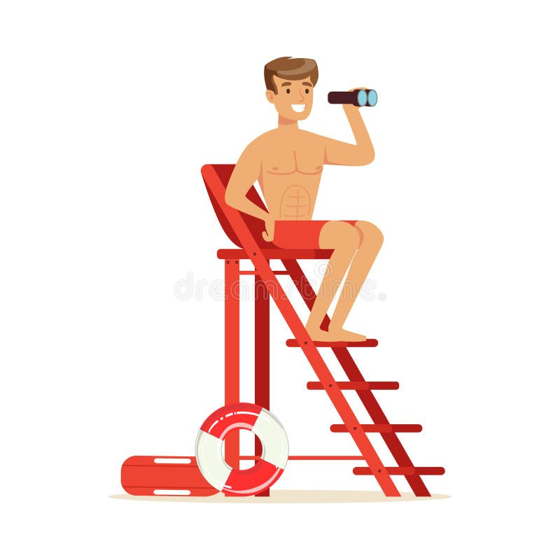 Salvavidas de sexo masculino que se sienta en torre del puesto de observación y que mira los prismáticos, salvador profesional en stock de ilustración Salvavidas de sexo masculino que se sienta en torre del puesto de observación y que mira los prismáticos, salvador profesional en stock de ilustración