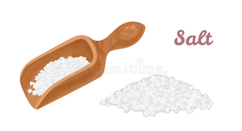 Salz in der hölzernen Scoop und im Stapel Salz isoliert