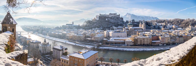 Salzburg old city at christmas time, snowy with sunshine, Austria