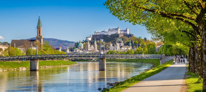 Salzburg Skyline River Salzach In Spring, Austria Stock Image - Image