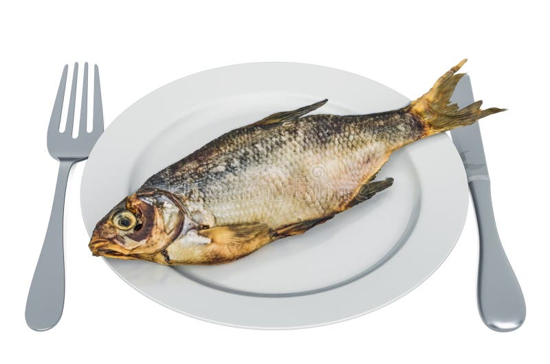 Salztrockener Fisch Auf Teller Mit Gabel Und Messer 3d Rendering Stock Abbildung Illustration Von Teller Fisch