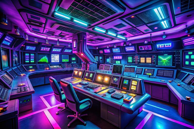 Sală de Control Buncăr pentru Operațiuni Avansate: Un Centru de Comandă Futuristic cu Luminozitate Scăzută și Accente Neon Mov și royalty free illustration