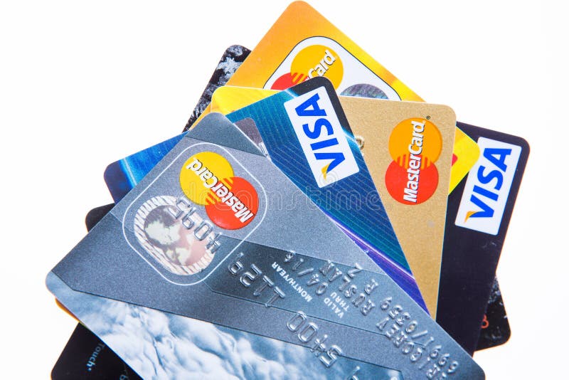 Samara, Rusland 3 Februari 2015: Het schot van de close-upstudio van creditcards door de drie belangrijkste merken American Expre stock afbeelding Samara, Rusland 3 Februari 2015: Het schot van de close-upstudio van creditcards door de drie belangrijkste merken American Expre stock afbeelding