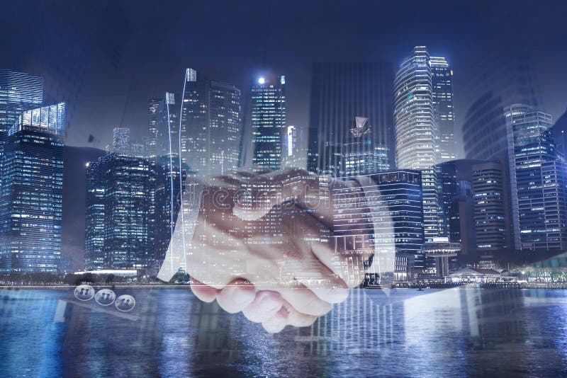 Deal or agreement business concept, handshake double exposure, cooperation or partnership. Deal or agreement business concept, handshake double exposure, cooperation or partnership