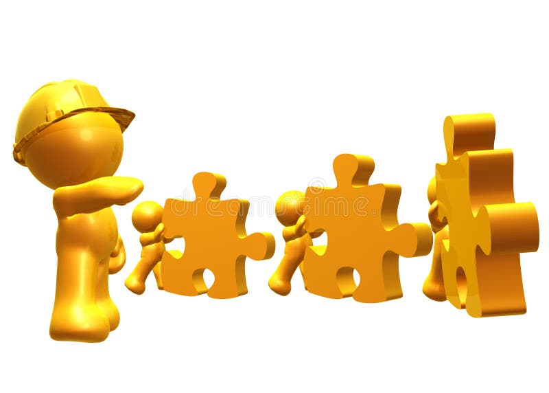 Working together to push the puzzle pieces as solution. Working together to push the puzzle pieces as solution