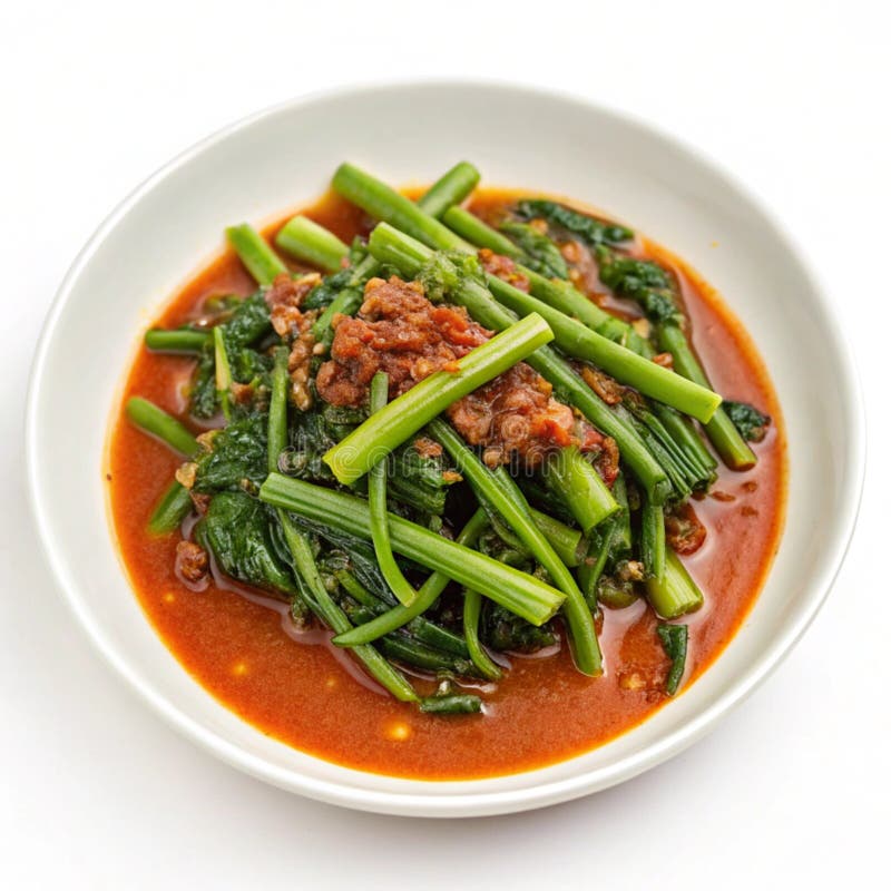 Sambal kangkong serviert in abgeschiedener Form auf einem Tisch isoliert auf transparentem Hintergrund stock abbildung