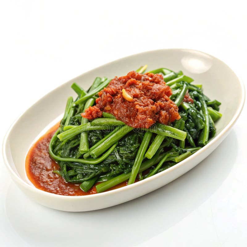 Sambal kangkong serviert in abgeschiedener Form auf einem Tisch isoliert auf transparentem Hintergrund lizenzfreie abbildung