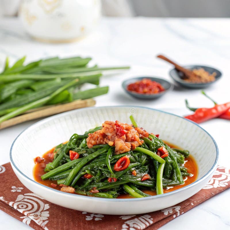 Sambal kangkong serviert in abgeschiedener Form auf einem Tisch isoliert auf transparentem Hintergrund stock abbildung