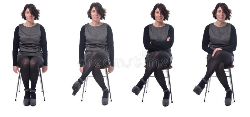 The same elegance woman sitting in various ways on white background.