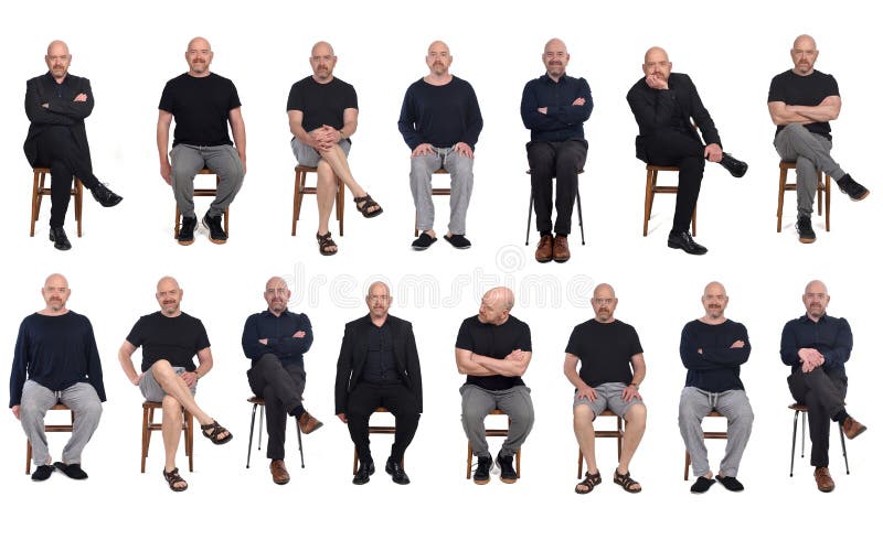 Same man view in various outfits sitting on white background, front view