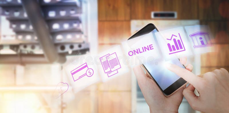 Samengesteld beeld die van menselijke hand slimme telefoon over witte achtergrond houden stock foto's Samengesteld beeld die van menselijke hand slimme telefoon over witte achtergrond houden stock foto's