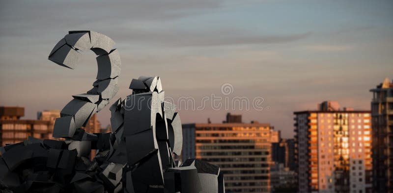 Samengesteld beeld van 3d beeld van beschadigd vraagteken met rotsen stock foto's Samengesteld beeld van 3d beeld van beschadigd vraagteken met rotsen stock foto's