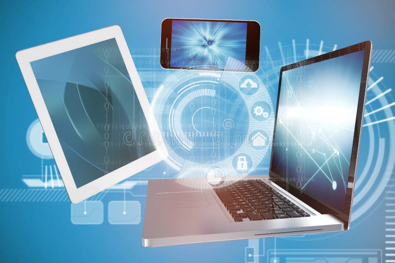 Samengesteld beeld van de illustratie van computerpictogrammen over blauwe achtergrond vector illustratie