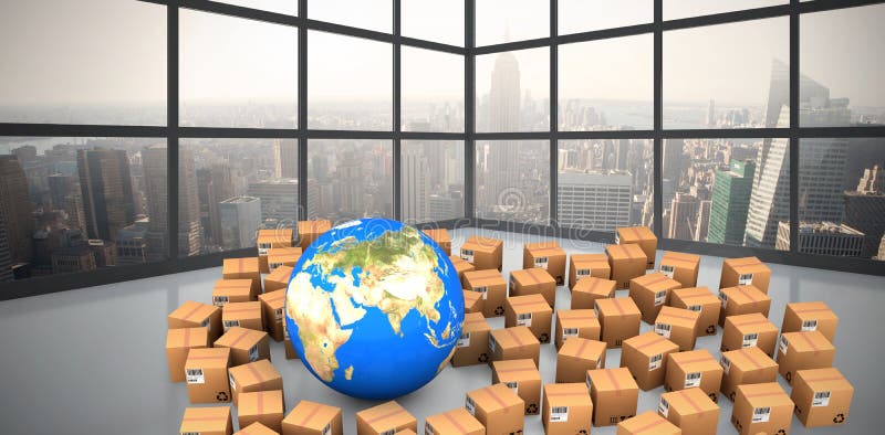 Samengesteld beeld van digitaal samengesteld beeld van bol in het midden van dozen stock illustratie Samengesteld beeld van digitaal samengesteld beeld van bol in het midden van dozen stock illustratie