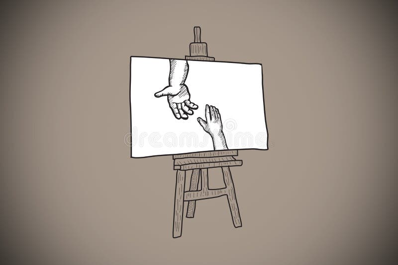 Samengesteld beeld van handen die bij krabbel op schildersezel aansluiten zich vector illustratie Samengesteld beeld van handen die bij krabbel op schildersezel aansluiten zich vector illustratie