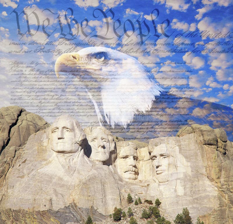 Samengesteld beeld van Onderstel Rushmore, kale adelaar, U S Grondwet, en blauwe hemel met witte wolken