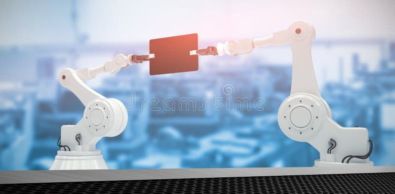 Samengesteld beeld van samengesteld beeld van robots die digitale tablet 3d houden stock foto Samengesteld beeld van samengesteld beeld van robots die digitale tablet 3d houden stock foto