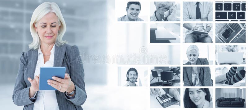 Samengesteld beeld van zekere onderneemster die digitale tablet gebruiken royalty-vrije stock foto Samengesteld beeld van zekere onderneemster die digitale tablet gebruiken royalty-vrije stock foto