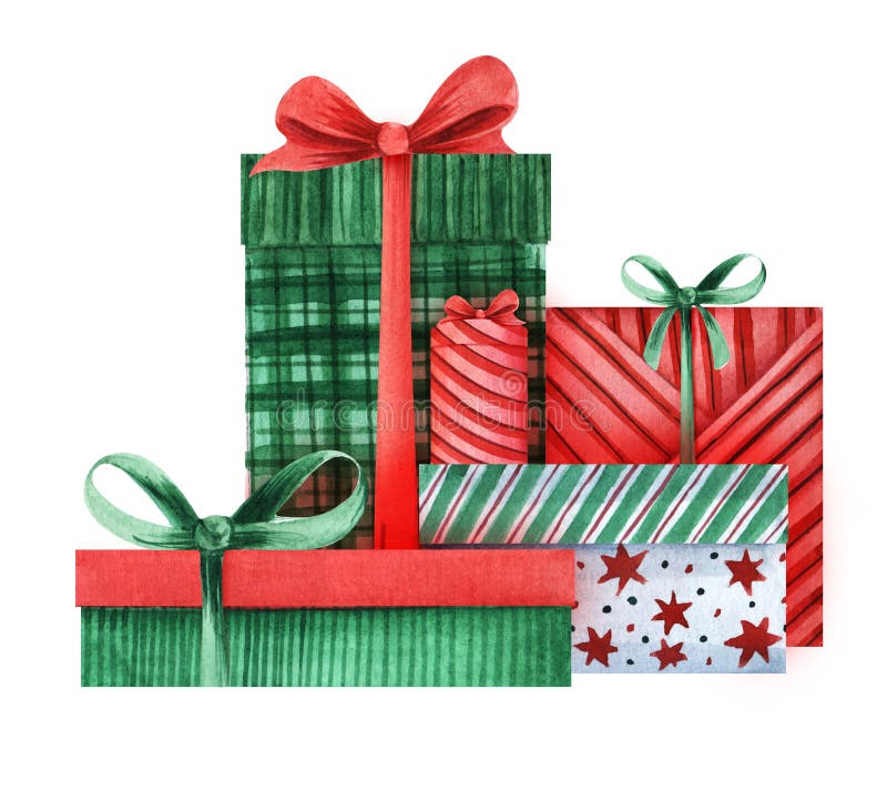 Samenstelling van vijf cadeaudozen bedekt met decoratief papier Rode en groene dozen kerstcadeaus met de hand getrokken stock illustratie Samenstelling van vijf cadeaudozen bedekt met decoratief papier Rode en groene dozen kerstcadeaus met de hand getrokken stock illustratie
