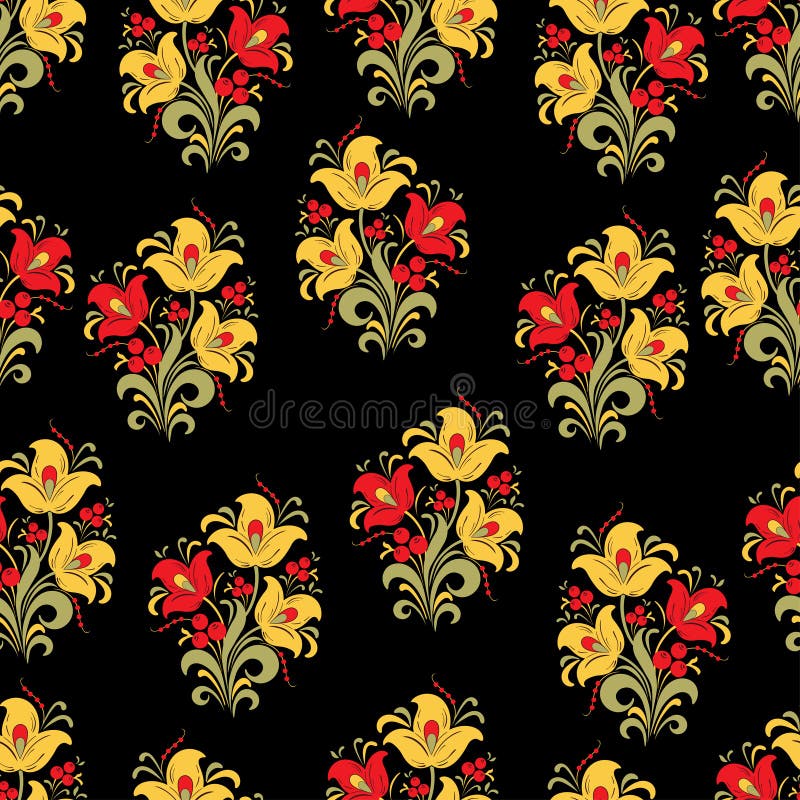 Samenvatting gestileerd bloem naadloos patroon, vectorachtergrond Rode, gele, groene decoratieve bloem, bessen en krullen op zwar stock illustratie Samenvatting gestileerd bloem naadloos patroon, vectorachtergrond Rode, gele, groene decoratieve bloem, bessen en krullen op zwar stock illustratie