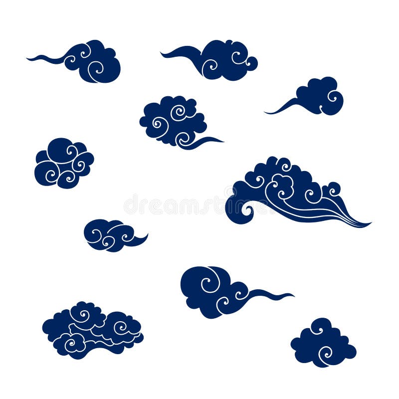 Samling av blåa asiatiska moln Uppsättningen av papper klippte tecknad filmmoln i traditionell kinesisk stil Vektorillustration f vektor illustrationer Samling av blåa asiatiska moln Uppsättningen av papper klippte tecknad filmmoln i traditionell kinesisk stil Vektorillustration f vektor illustrationer