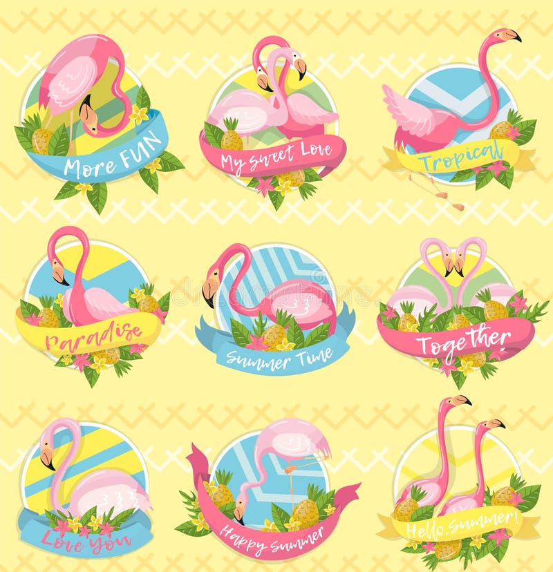 Samling av etiketter med uttryck om sommar, designbeståndsdelen med palmblad, exotiska blommor, ananors och flamingo royaltyfri illustrationer Samling av etiketter med uttryck om sommar, designbeståndsdelen med palmblad, exotiska blommor, ananors och flamingo royaltyfri illustrationer