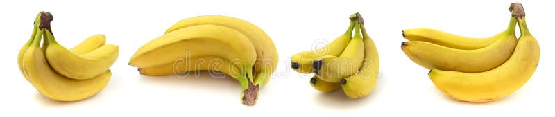 Collection of 4 photos, a branch of several bananas from different angles, isolated on white background. Collection of 4 photos, a branch of several bananas from different angles, isolated on white background